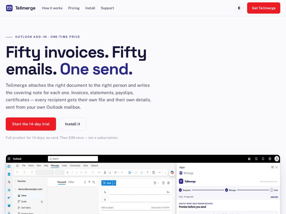 Landing-page snapshot of tellmerge.com