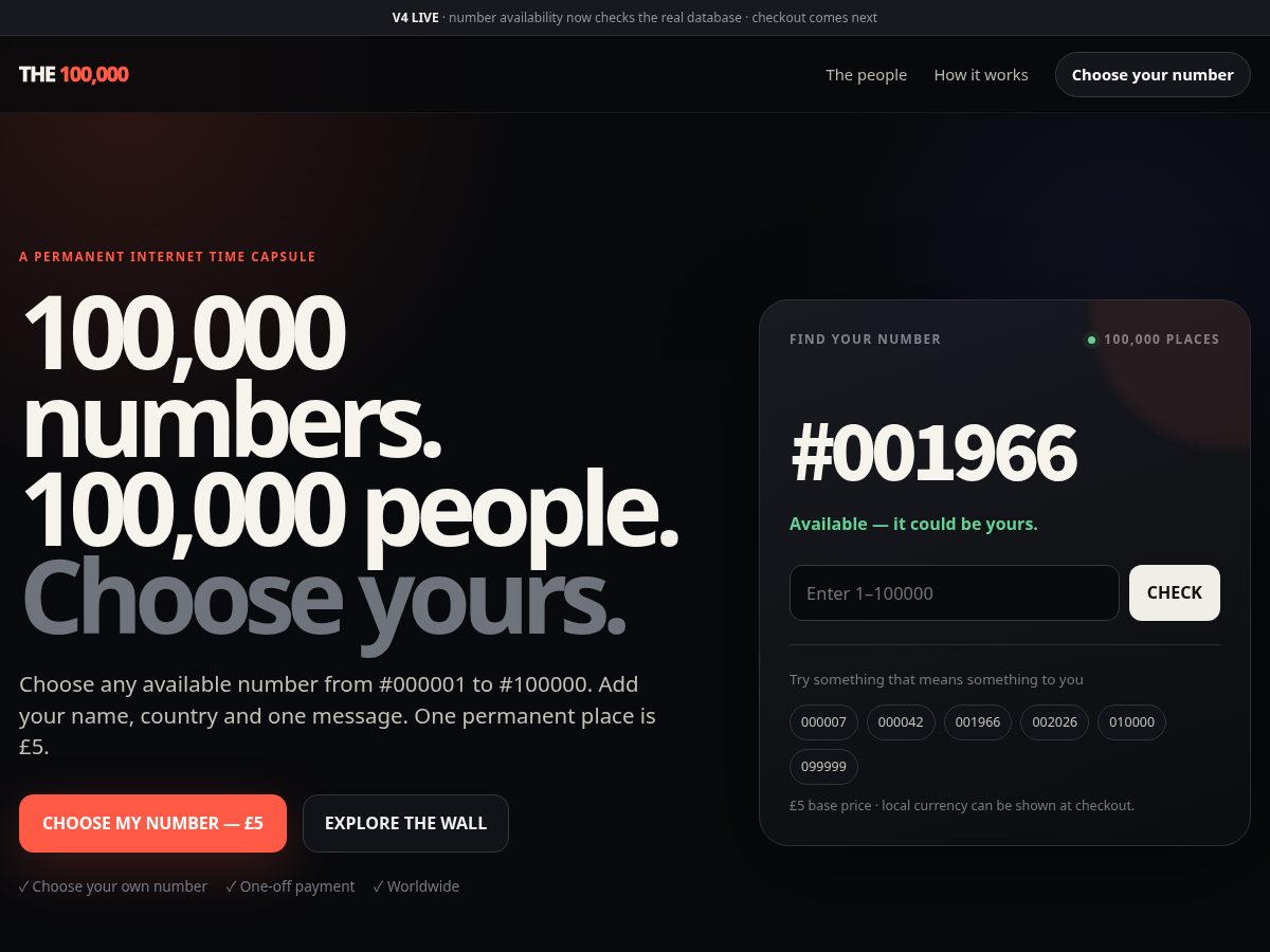 Landing-page snapshot of the100000.org