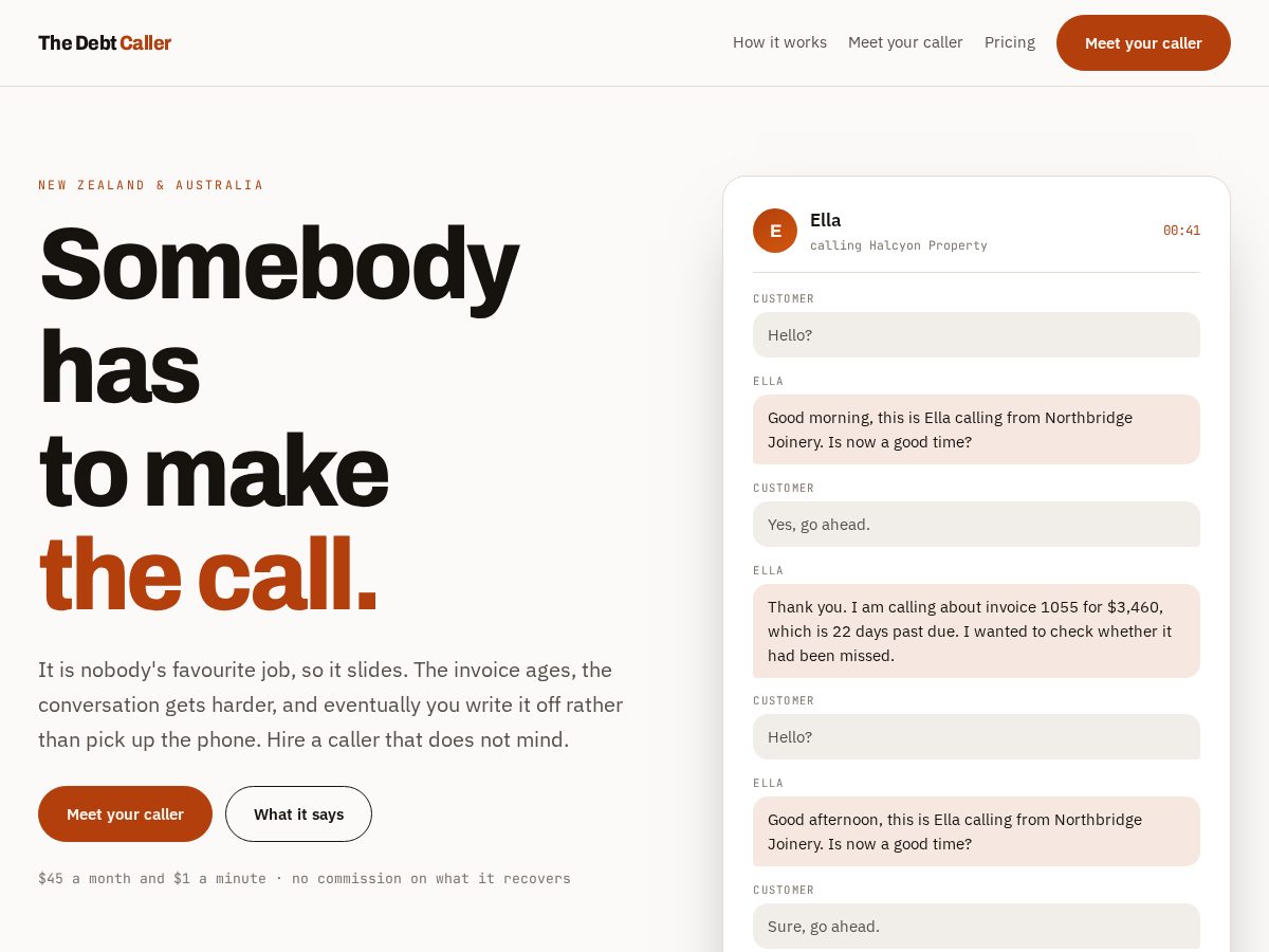Landing-page snapshot of thedebtcaller.com