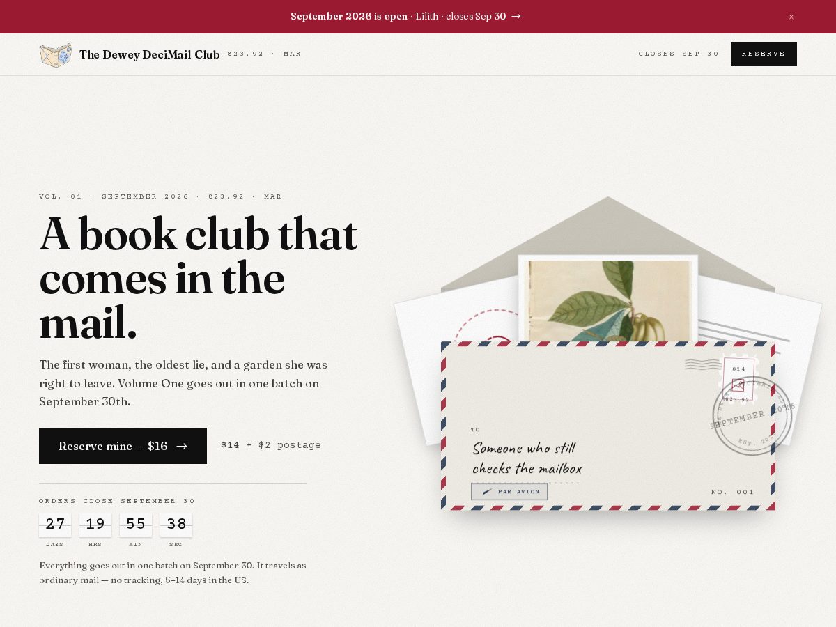 Landing-page snapshot of thedeweydecimailclub.com