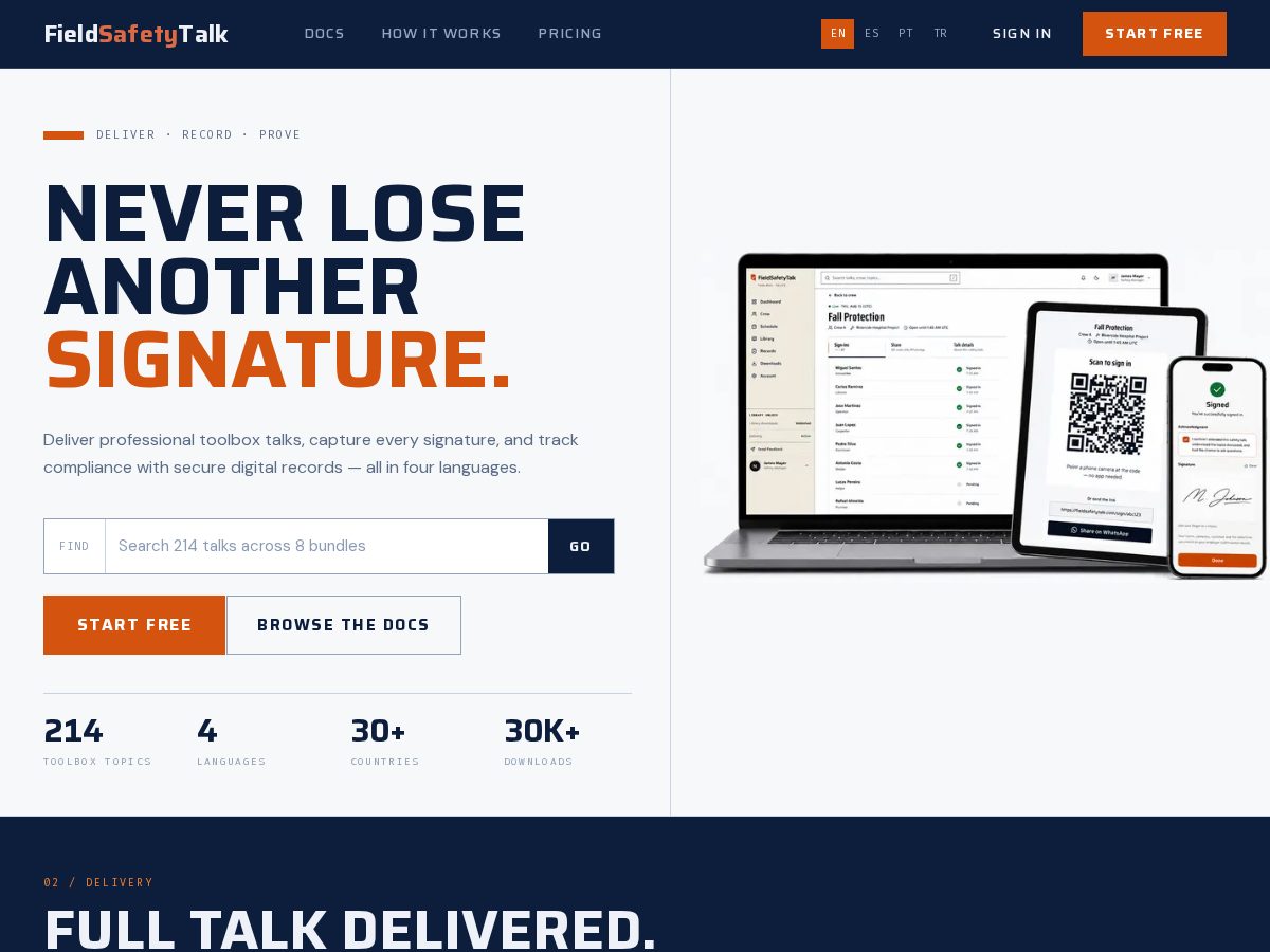 Landing-page snapshot of thefieldsafetytalk.com