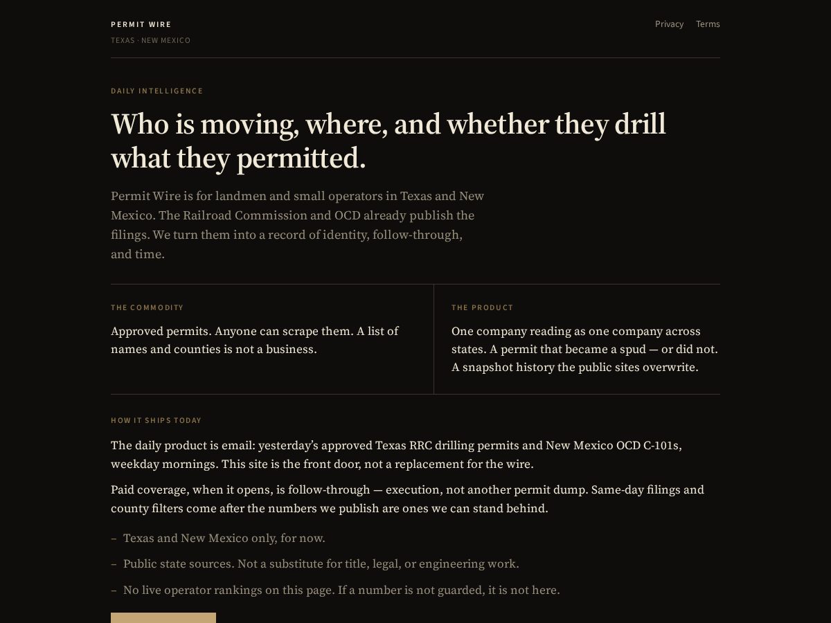 Landing-page snapshot of thepermitwire.com