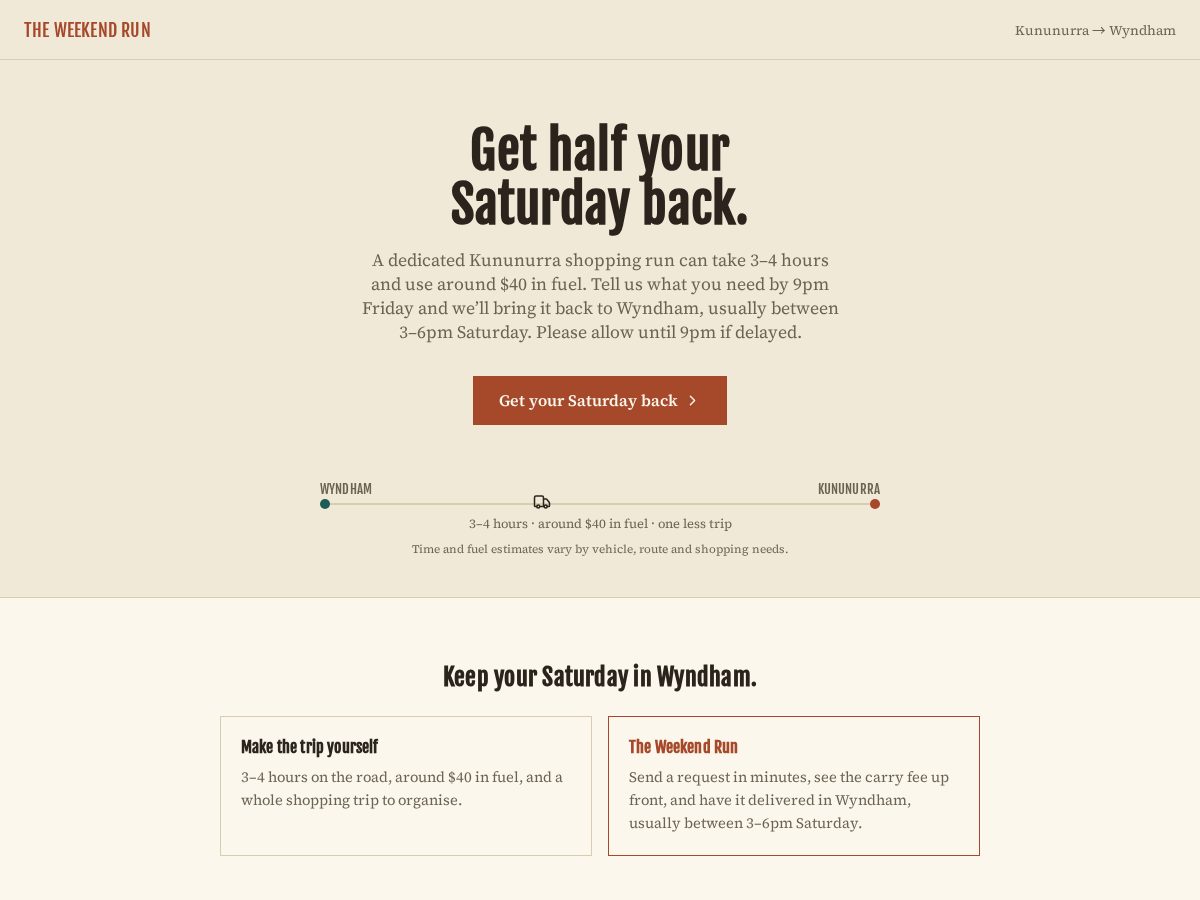 Landing-page snapshot of theweekendrun.com