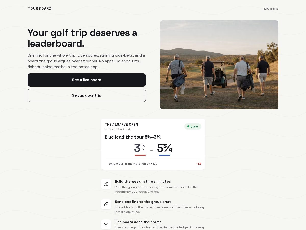 Landing-page snapshot of tourboard.golf