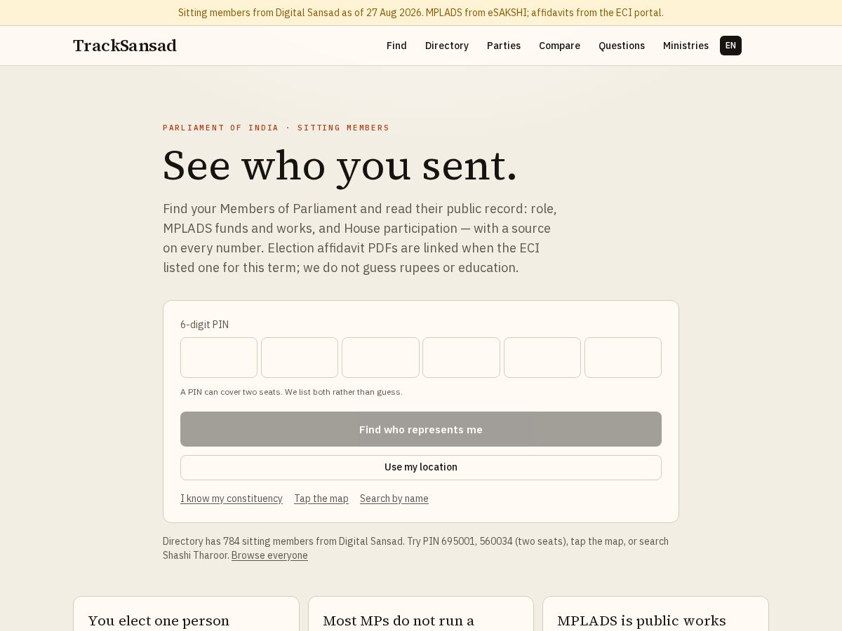 Landing-page snapshot of tracksansad.com