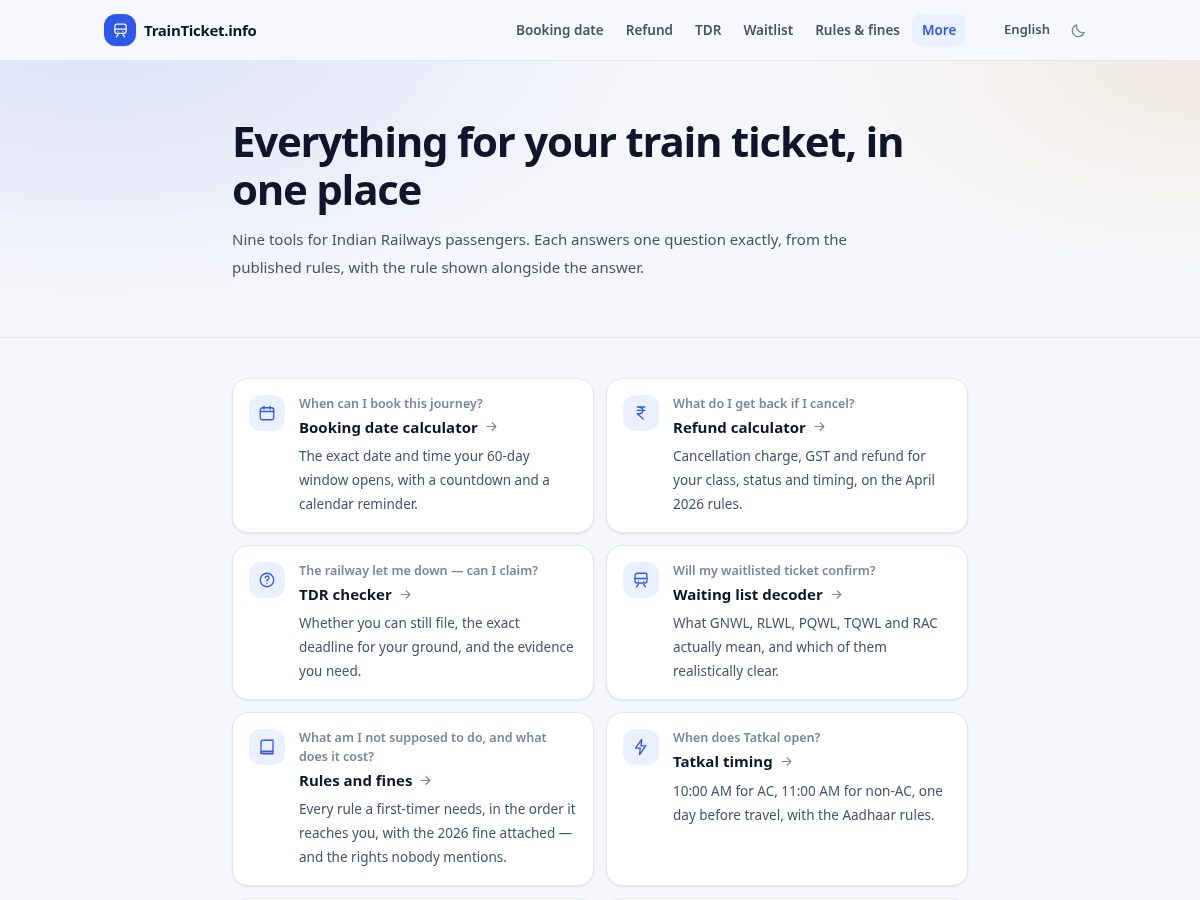 Landing-page snapshot of trainticket.info