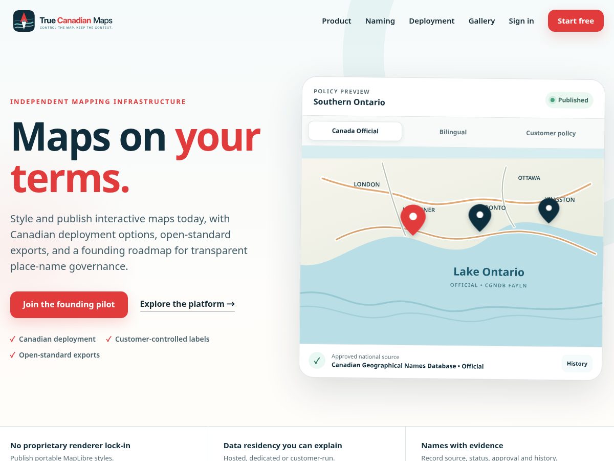 Landing-page snapshot of truecanadamaps.com