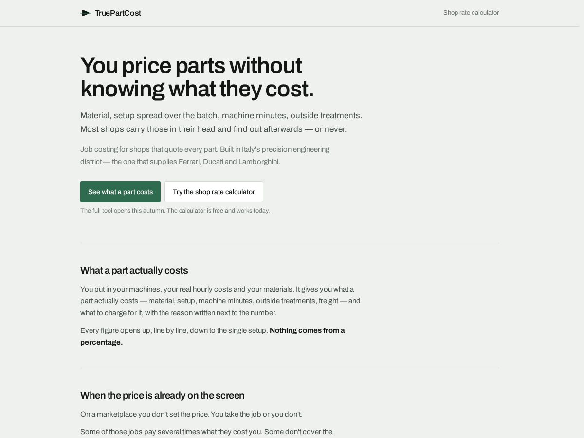 Landing-page snapshot of truepartcost.com