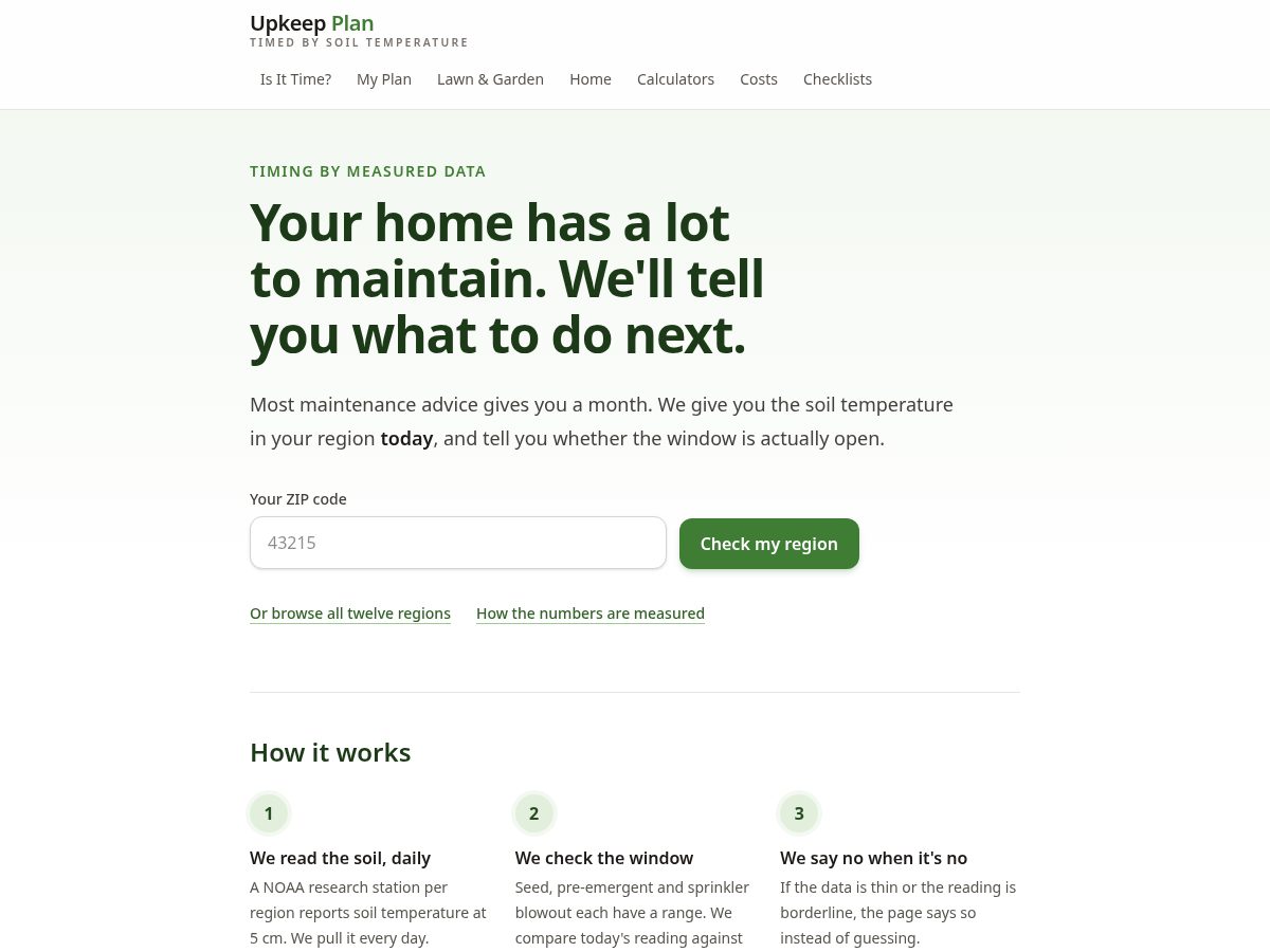 Landing-page snapshot of upkeepplan.com
