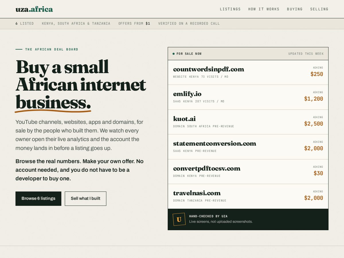 Landing-page snapshot of uza.africa