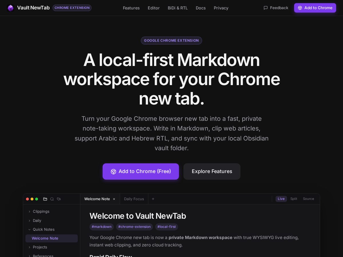 Landing-page snapshot of vaultnewtab.com