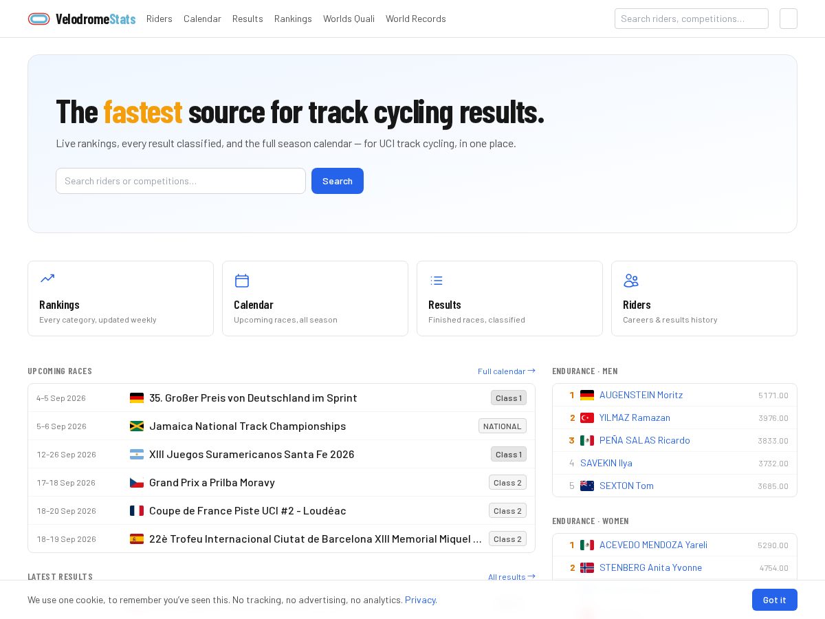 Landing-page snapshot of velodromestats.com