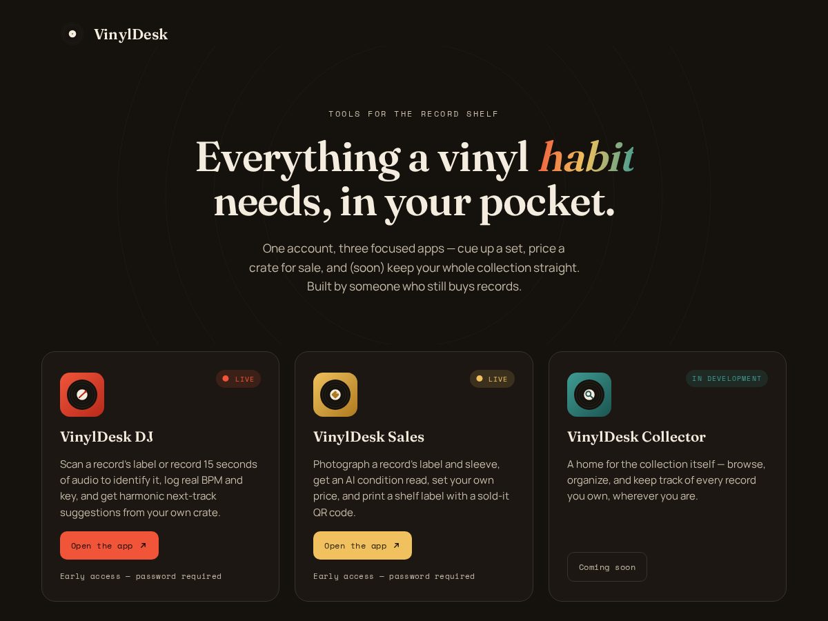 Landing-page snapshot of vinyldesk.com