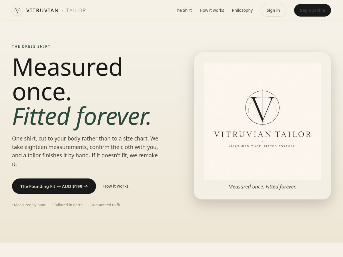 Landing-page snapshot of vitruviantailor.com