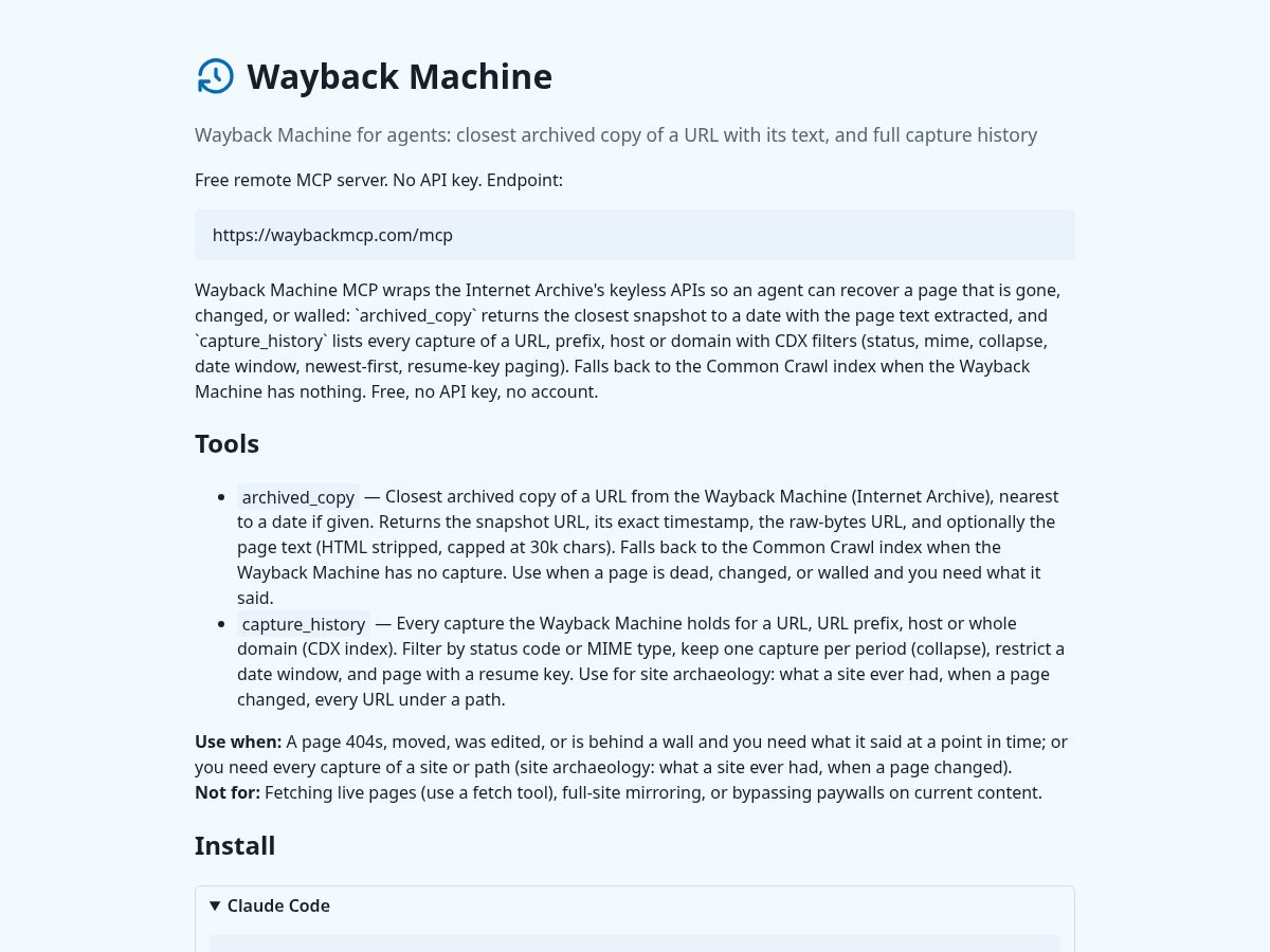 Landing-page snapshot of waybackmcp.com