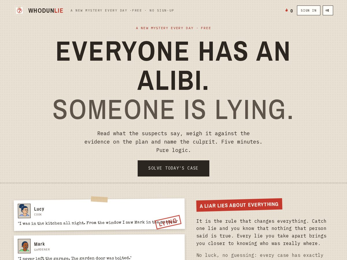 Landing-page snapshot of whodunlie.com