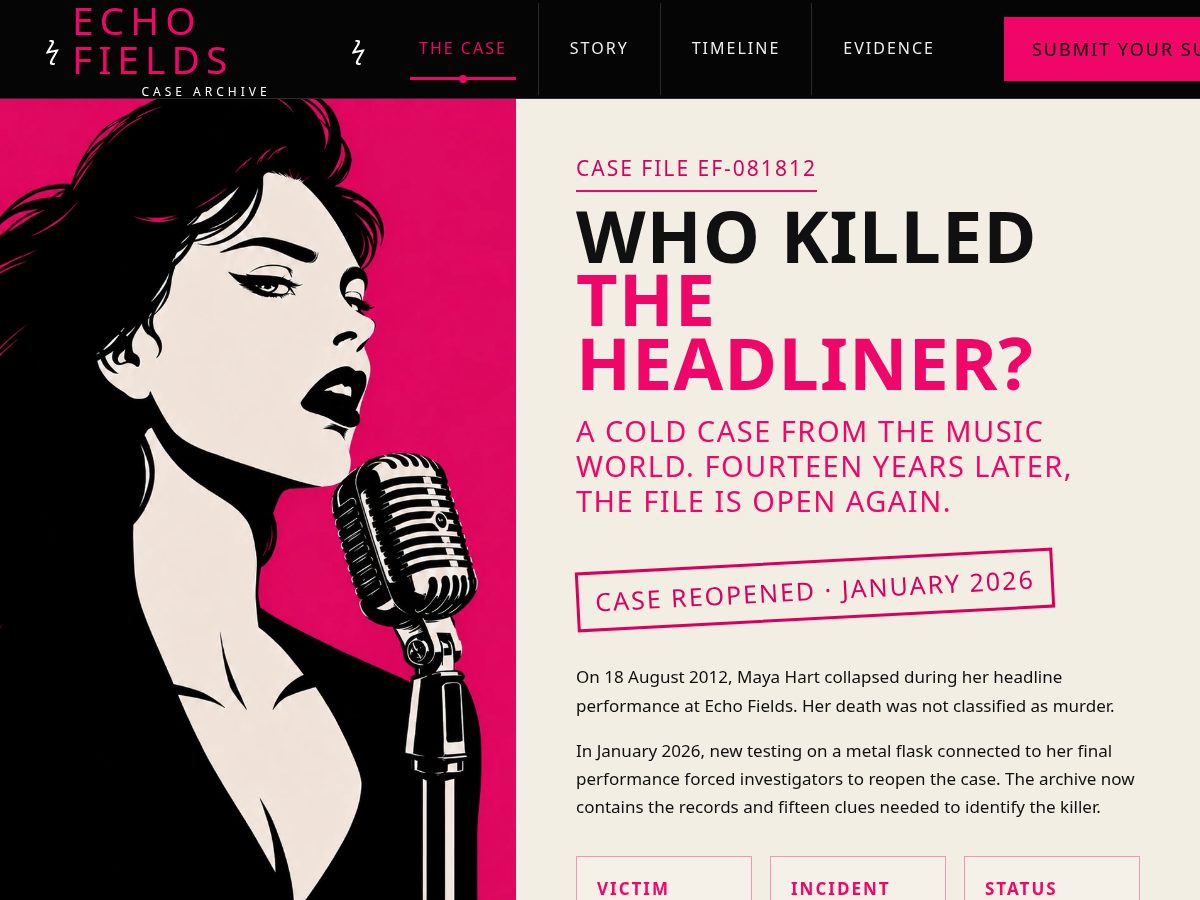 Landing-page snapshot of whokilledtheheadliner.org
