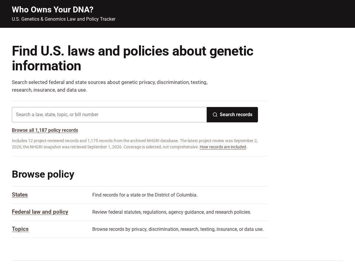Landing-page snapshot of whoownsyourdna.org