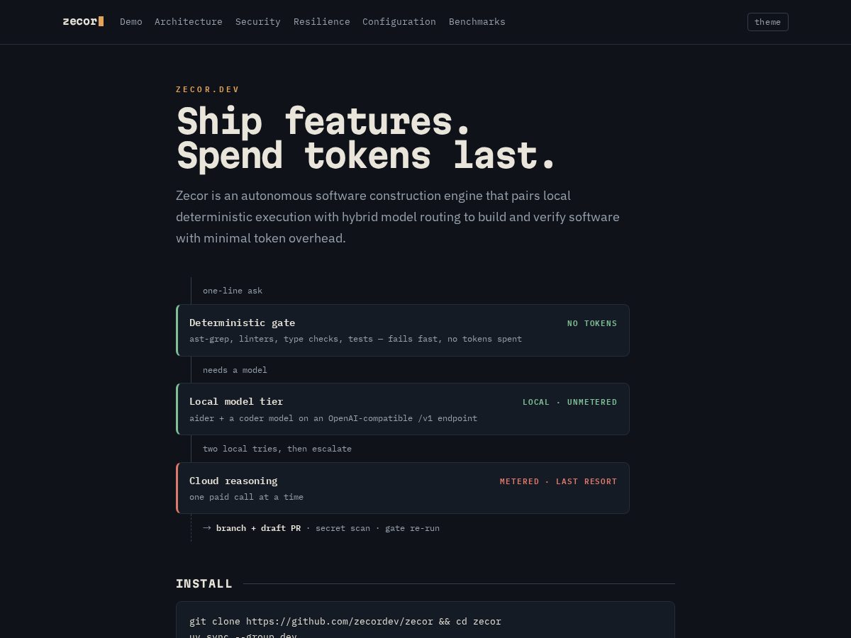 Landing-page snapshot of zecor.dev