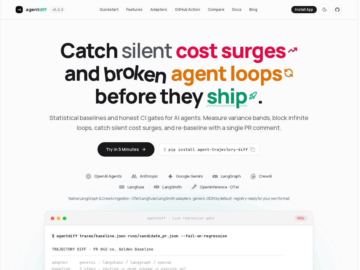 Landing-page snapshot of agentdiff.app