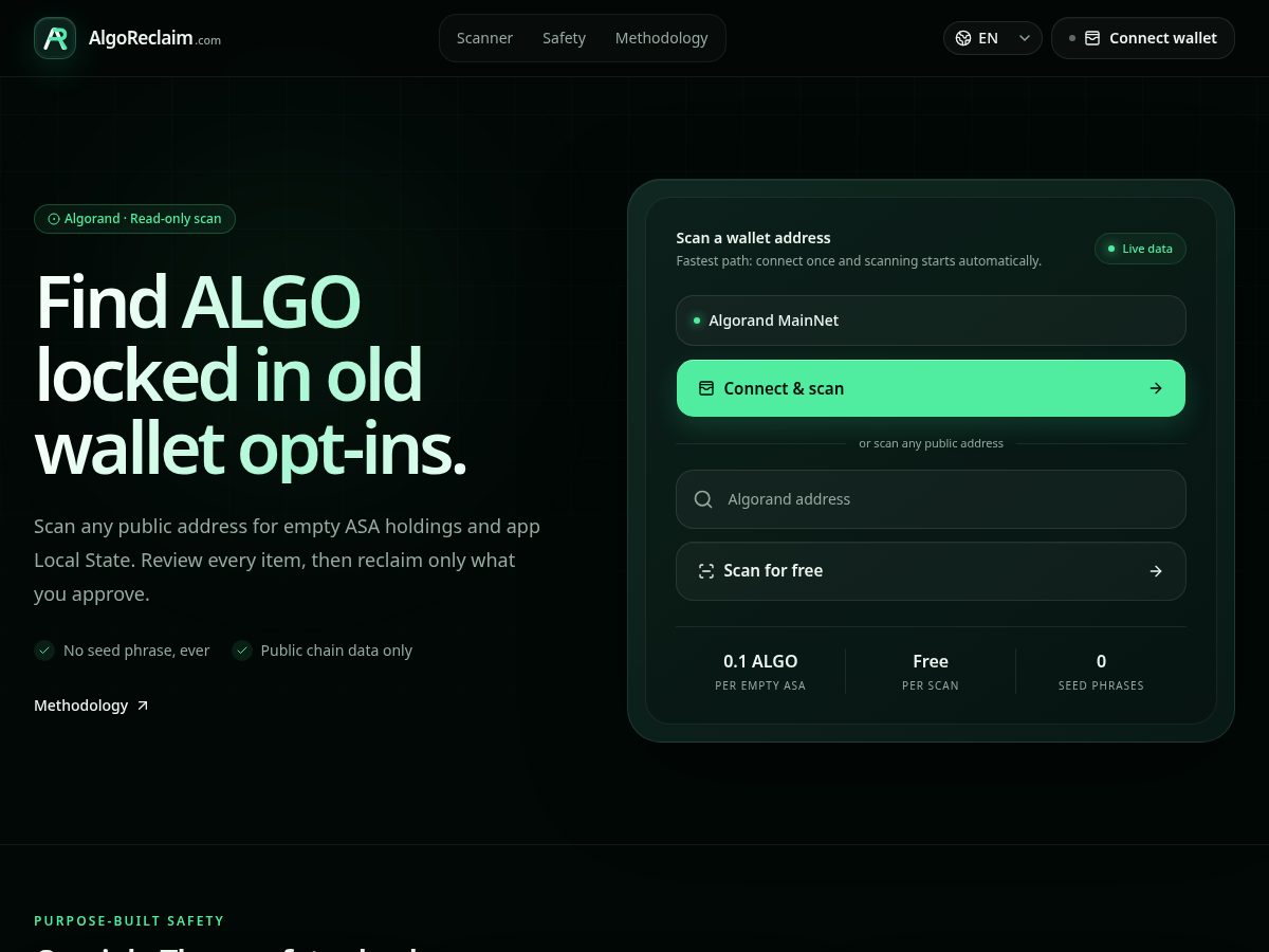 Landing-page snapshot of algoreclaim.com