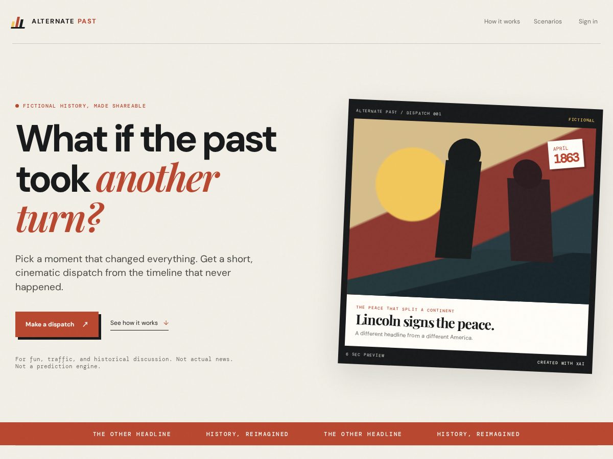 Landing-page snapshot of alternatepast.com