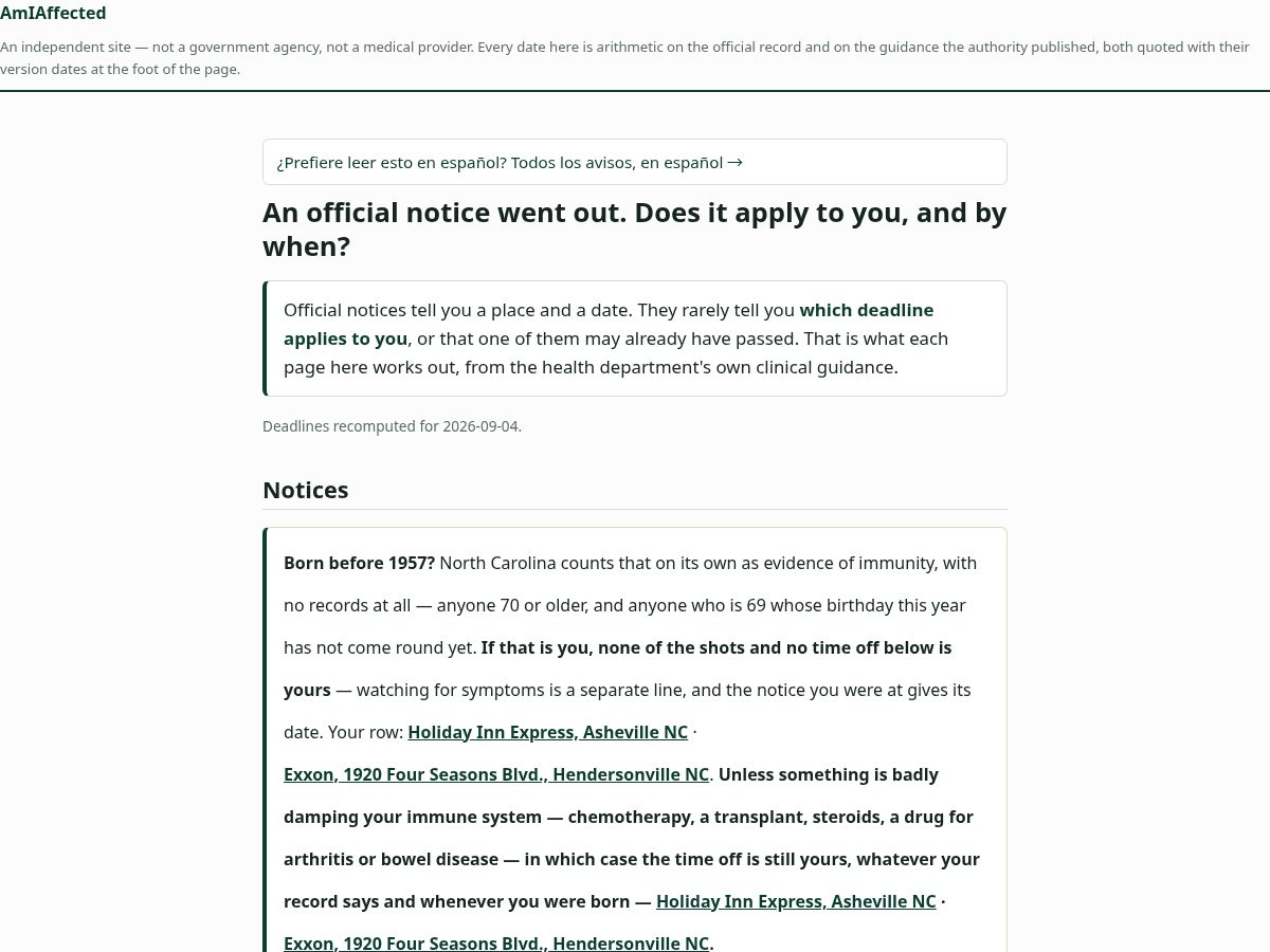 Landing-page snapshot of amiaffected.health