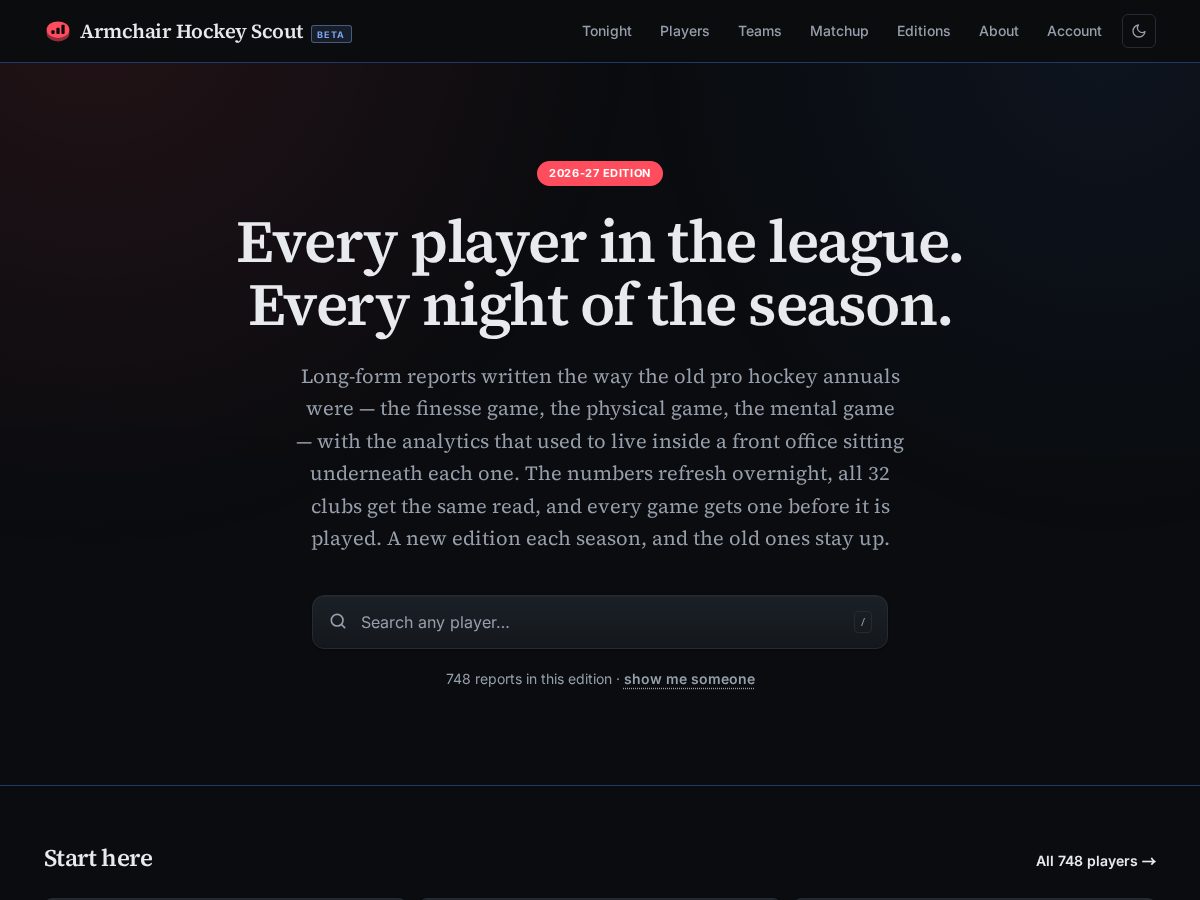 Landing-page snapshot of armchairhockeyscout.com