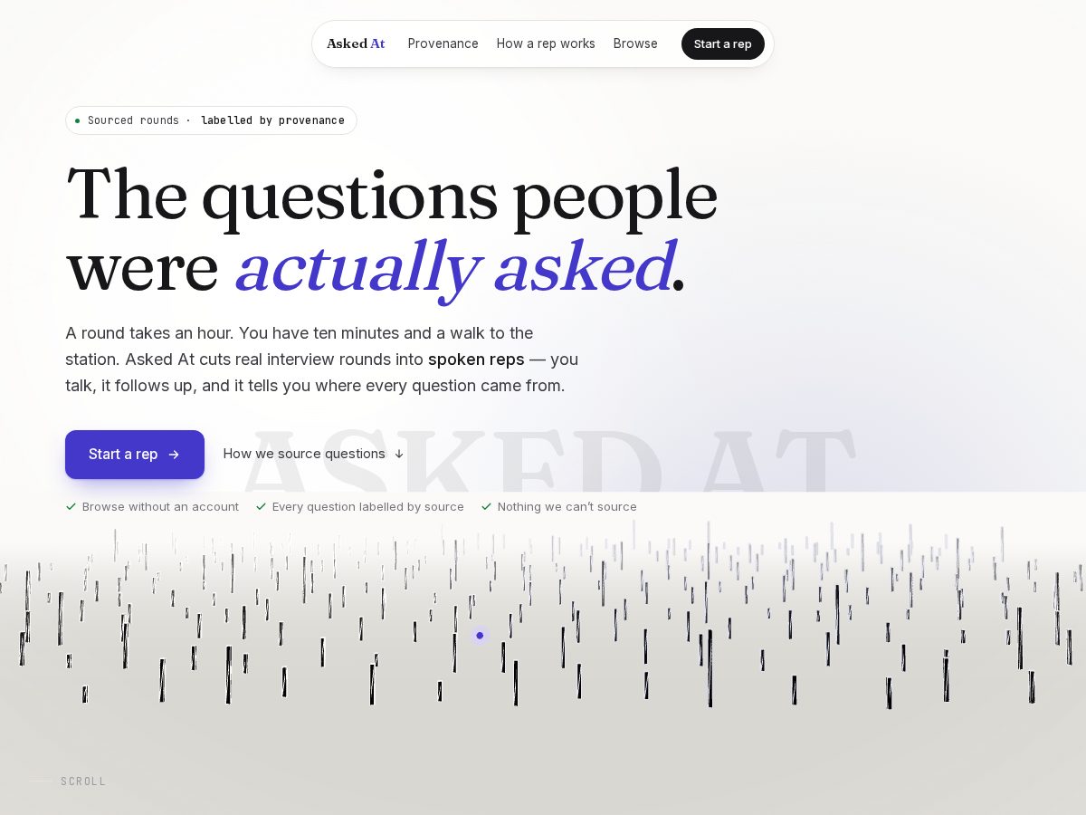 Landing-page snapshot of askedat.app