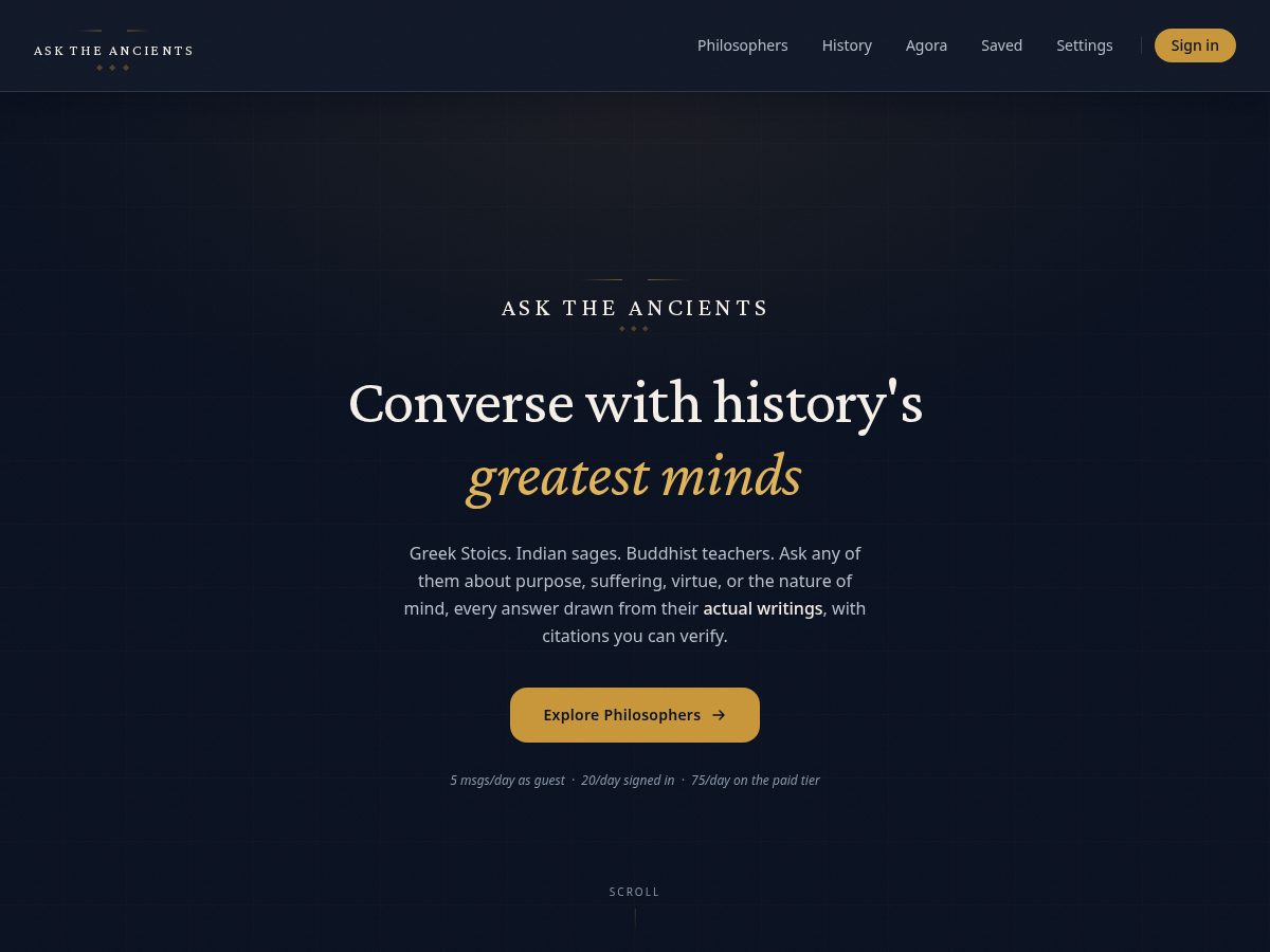 Landing-page snapshot of asktheancients.app