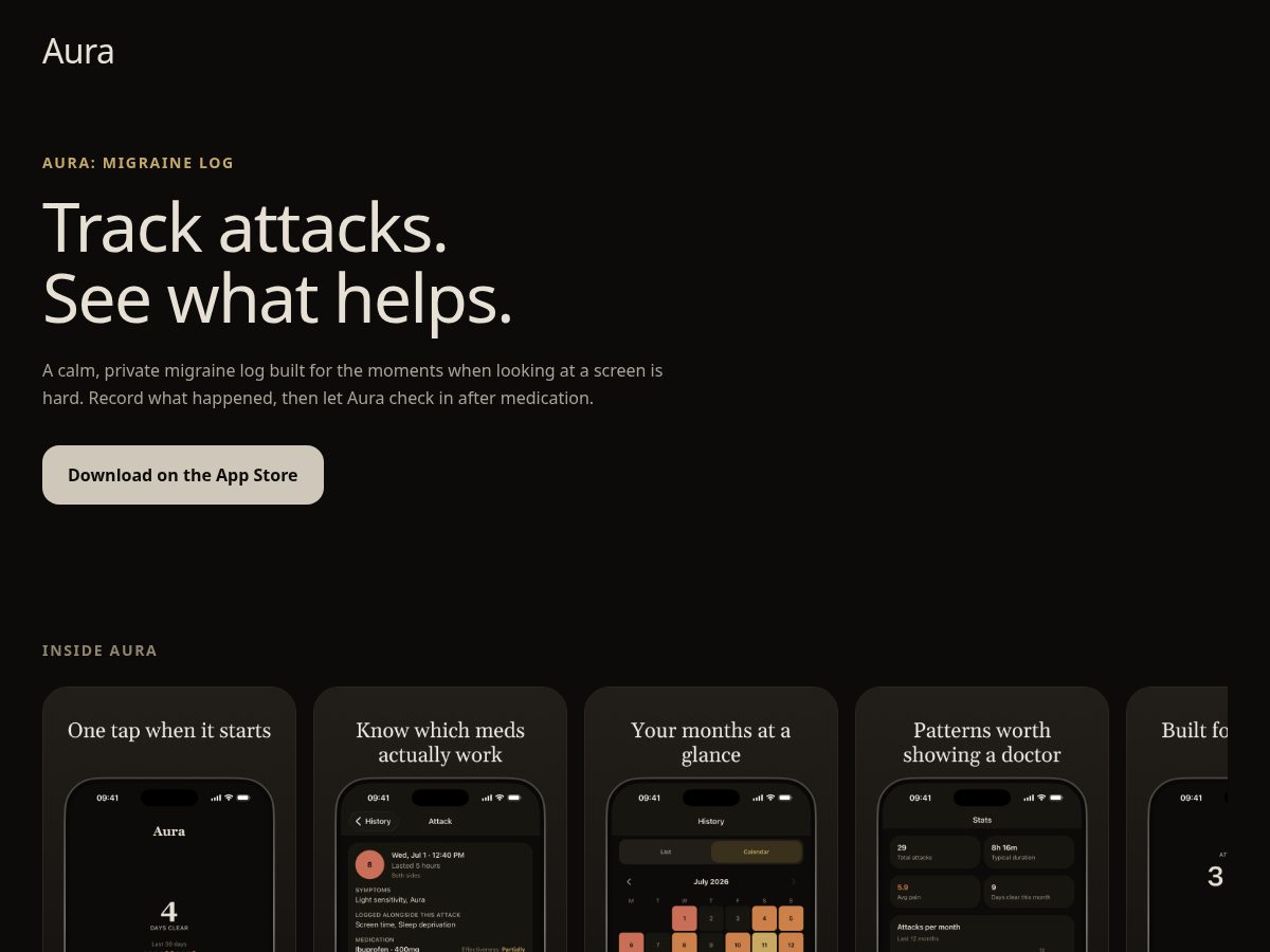Landing-page snapshot of auramigrainelog.com
