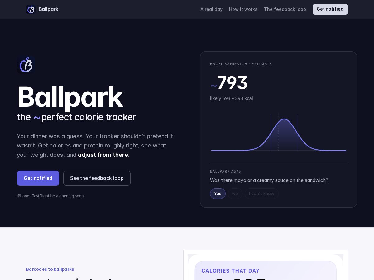 Landing-page snapshot of ballparkcalorie.app