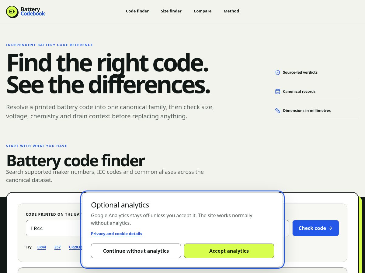 Landing-page snapshot of batterycodebook.com
