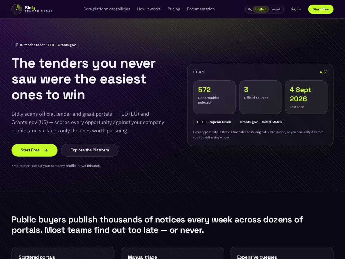 Landing-page snapshot of bidlyradar.com