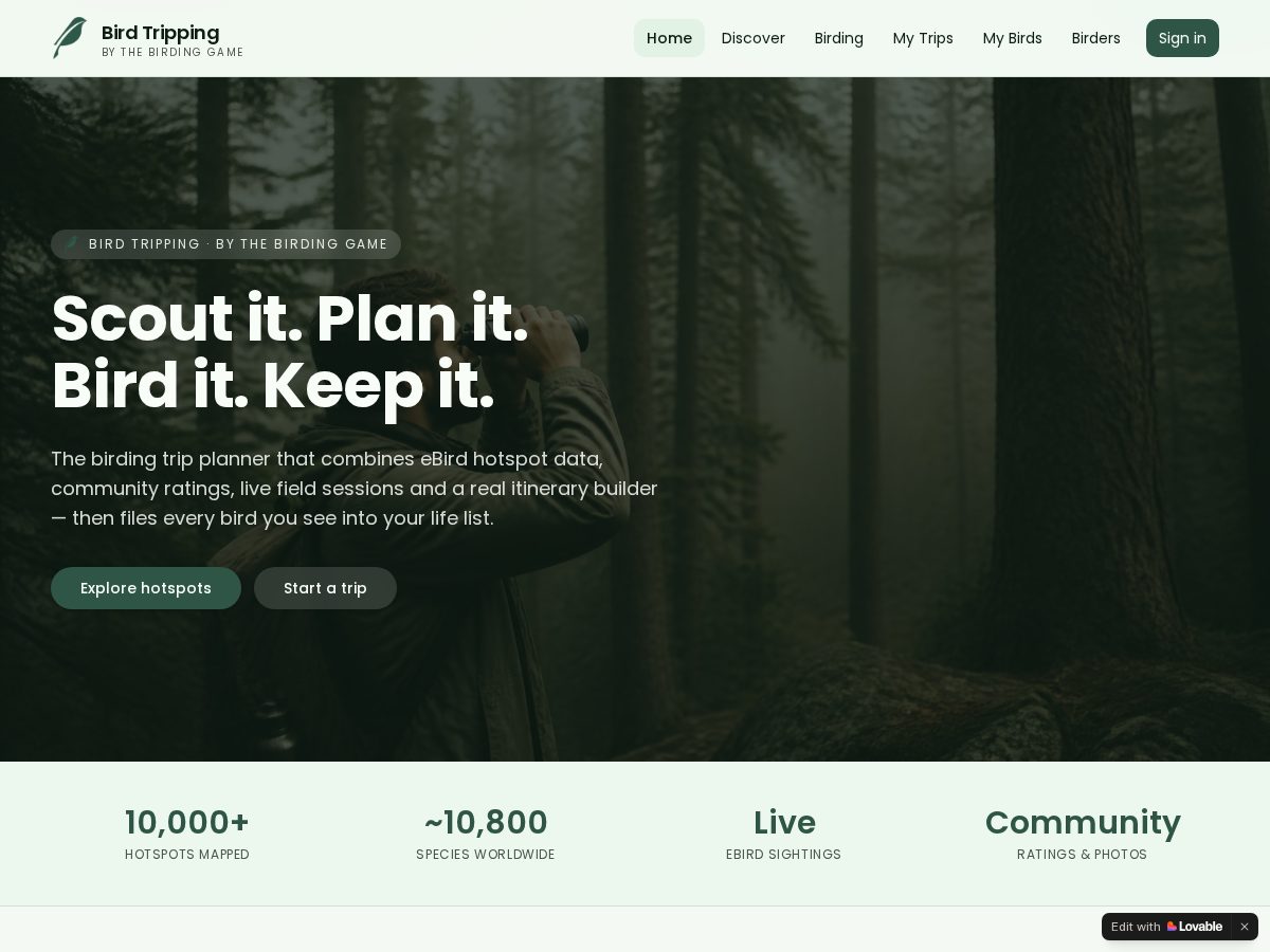 Landing-page snapshot of birdtripping.com
