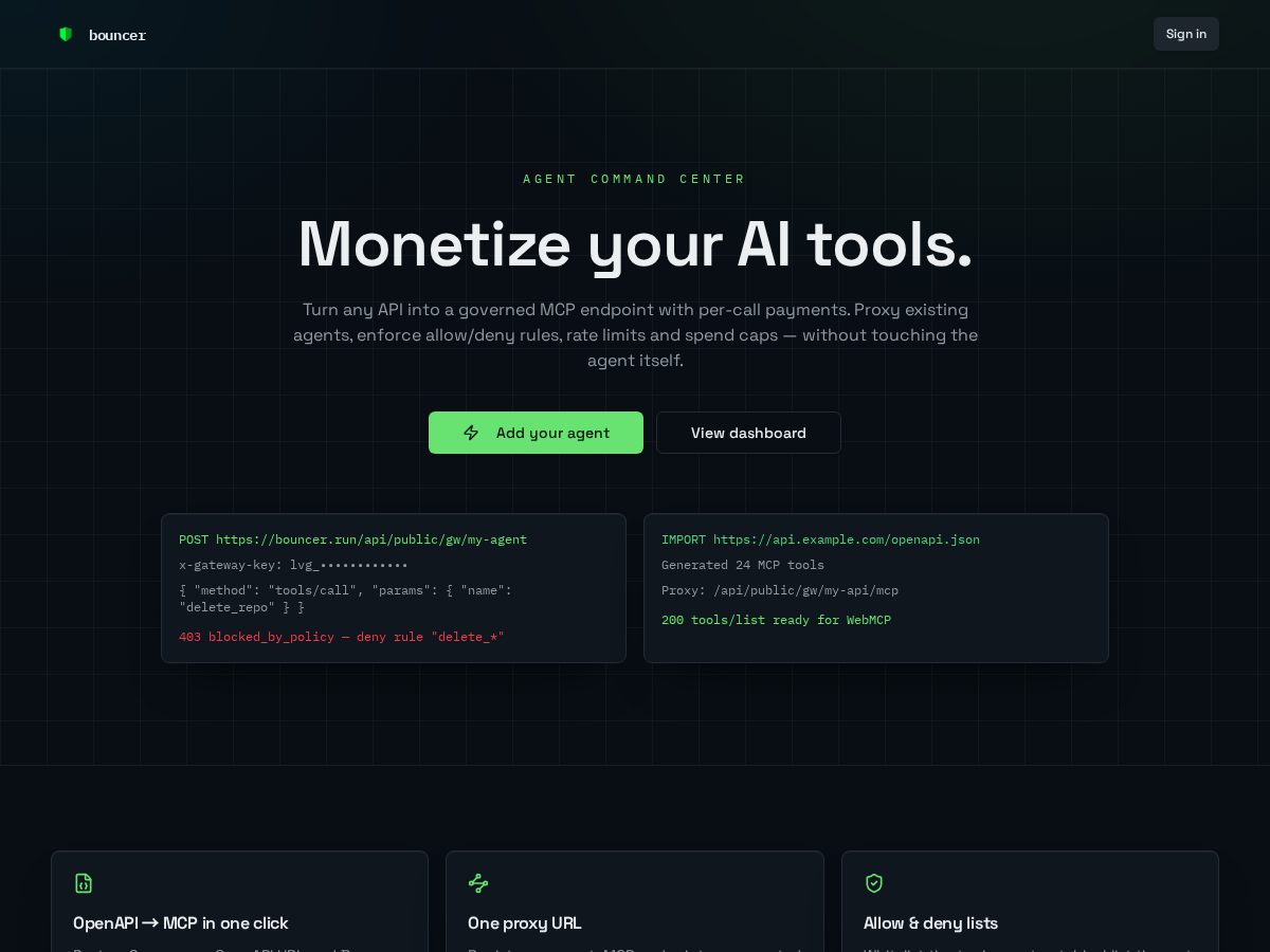 Landing-page snapshot of bouncer.run