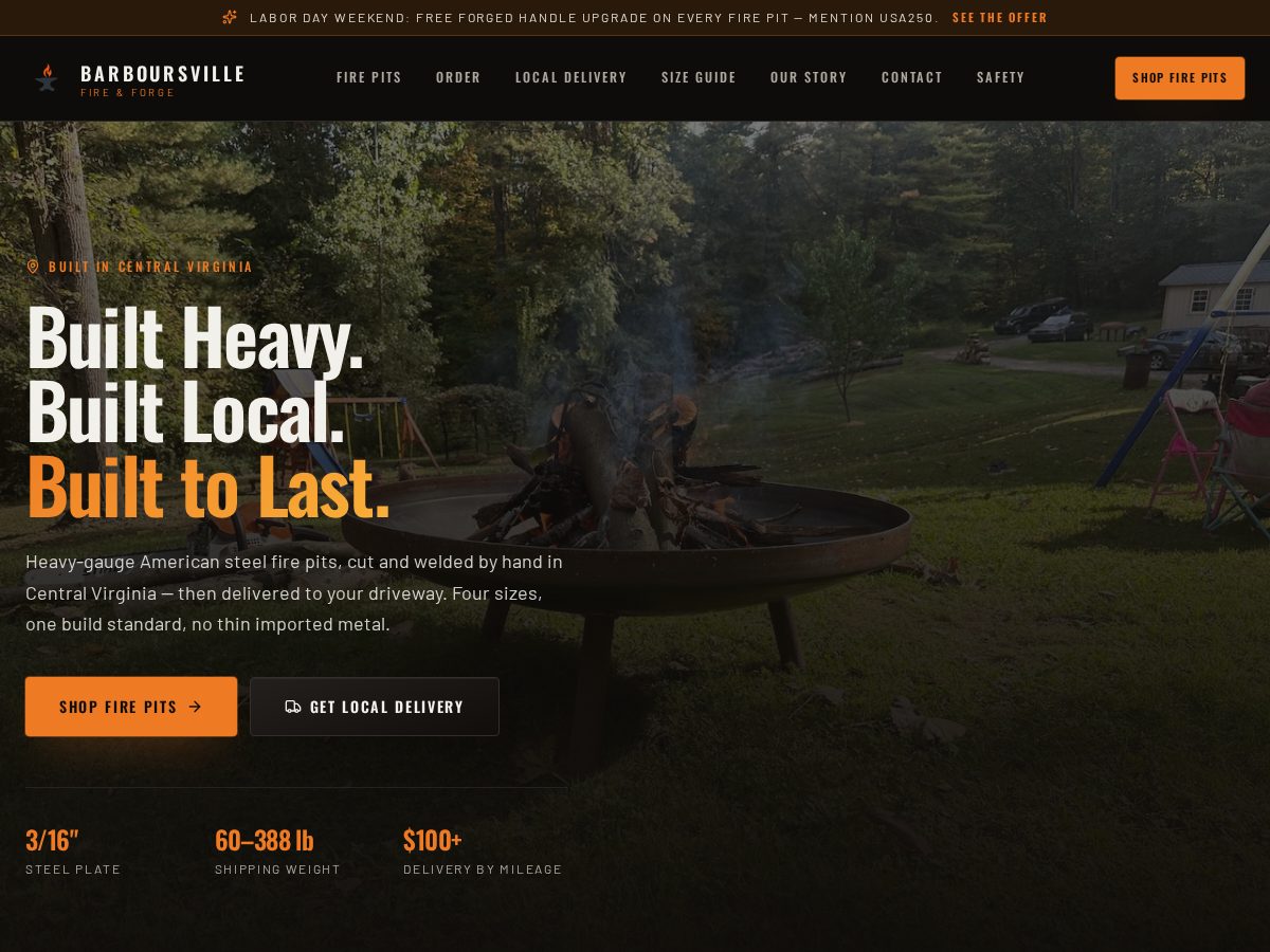 Landing-page snapshot of bvillefirepits.com