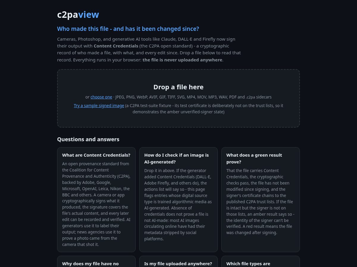Landing-page snapshot of c2paview.com
