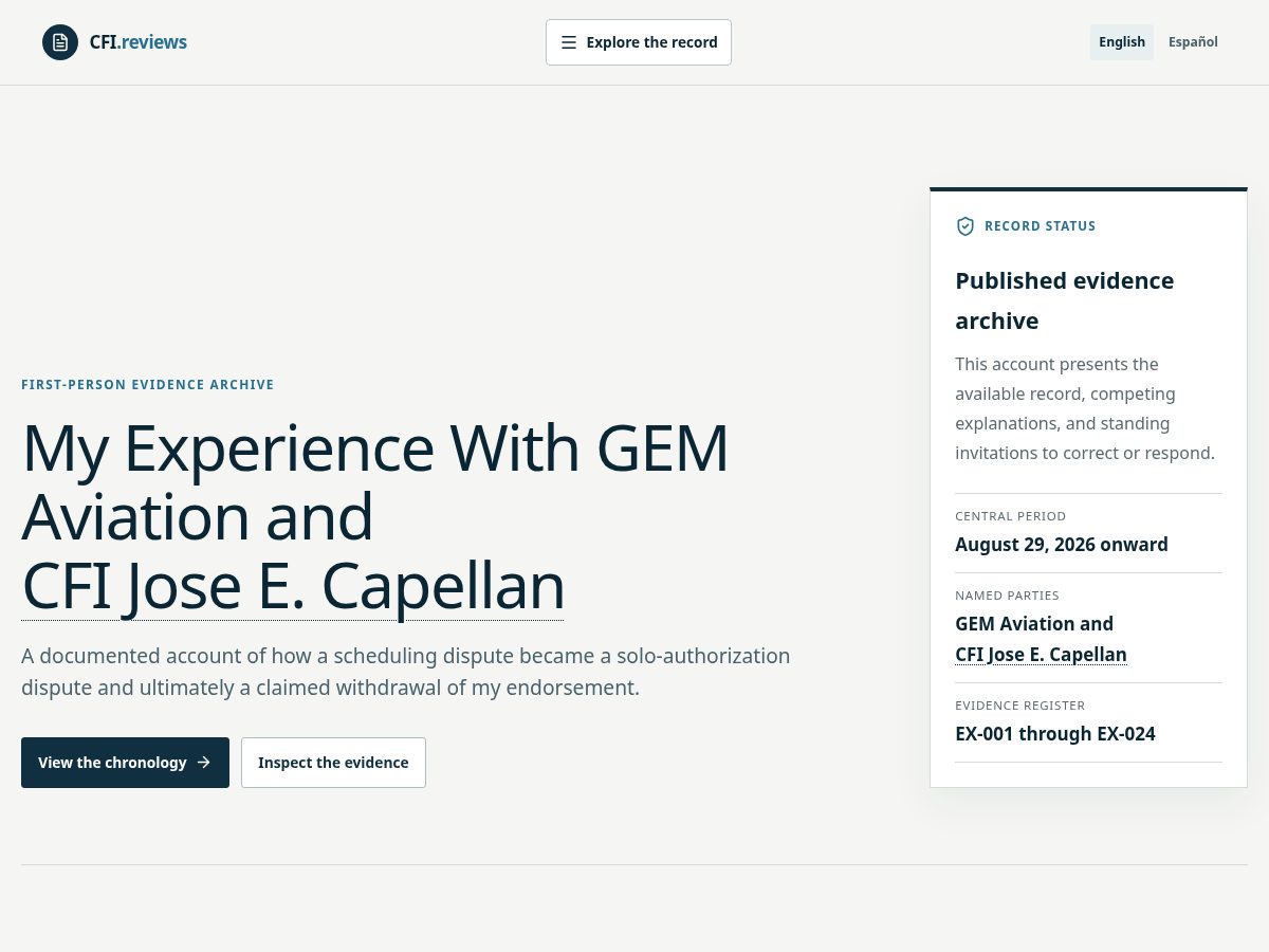 Landing-page snapshot of cfi.reviews