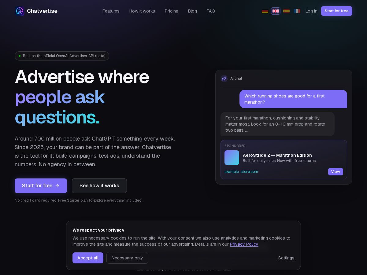 Landing-page snapshot of chatvertise.app