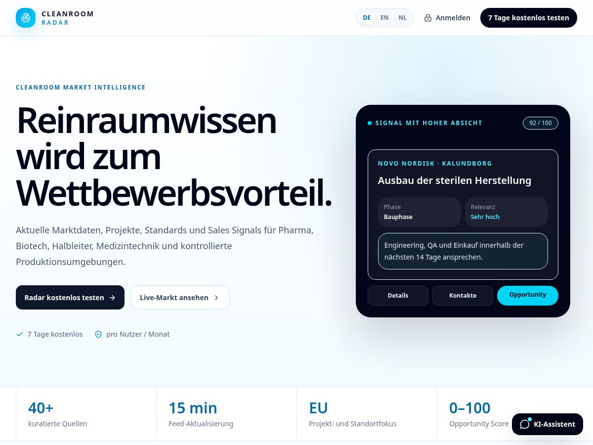 Landing-page snapshot of cleanroom-radar.com
