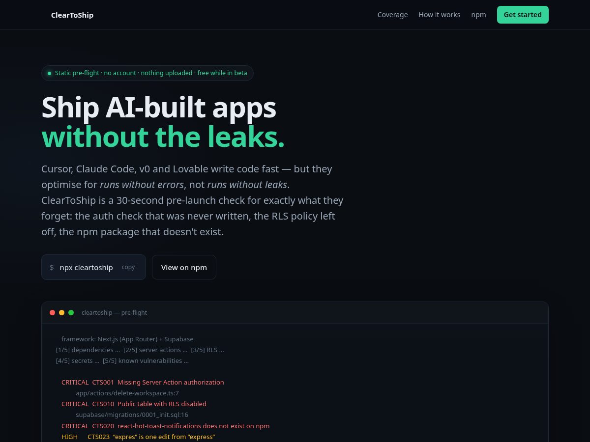 Landing-page snapshot of cleartoship.app