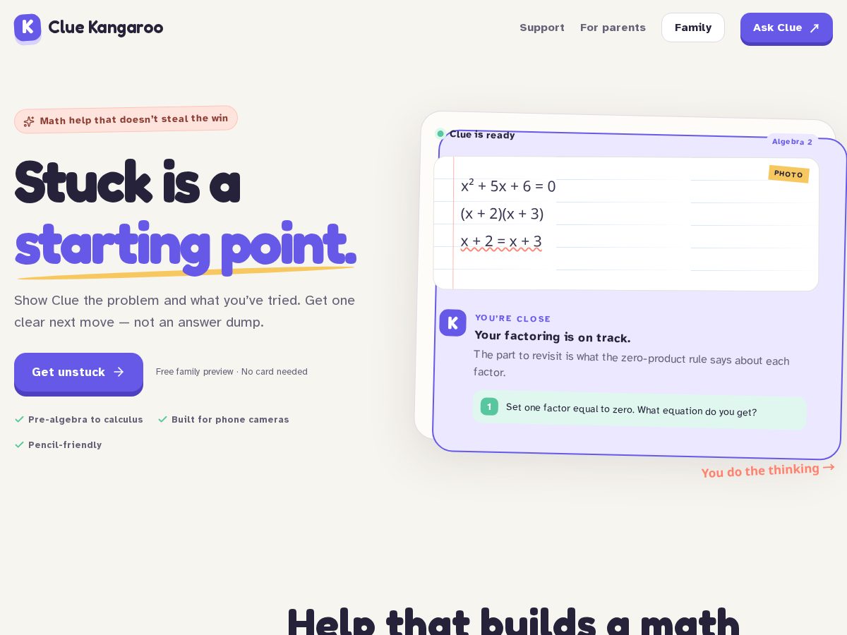 Landing-page snapshot of cluekangaroo.com