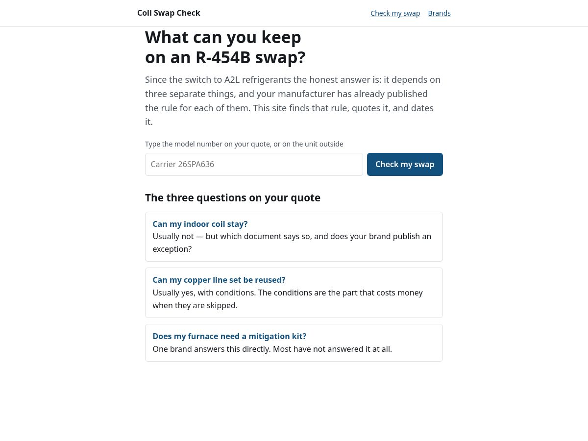 Landing-page snapshot of coilswapcheck.com