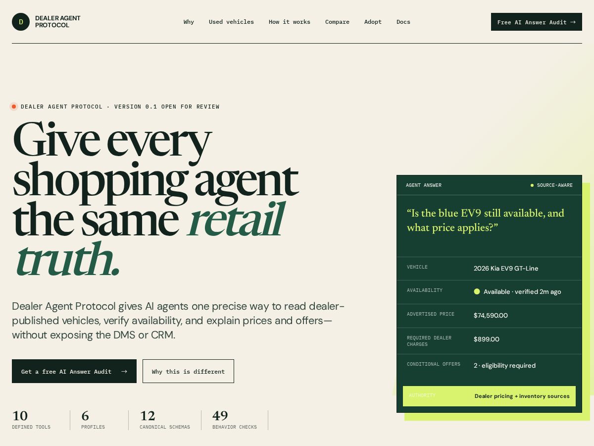 Landing-page snapshot of dealeragentprotocol.com