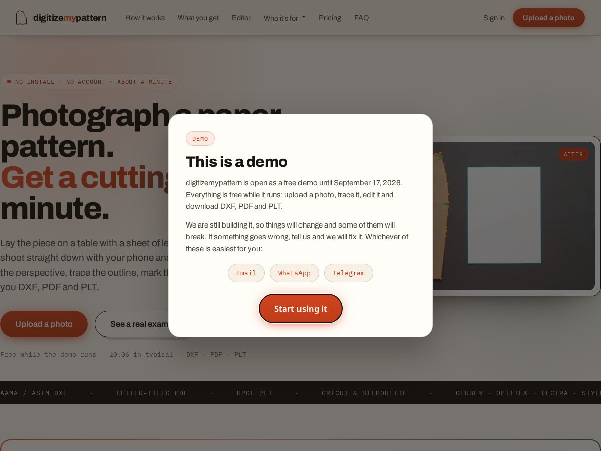 Landing-page snapshot of digitizemypattern.com