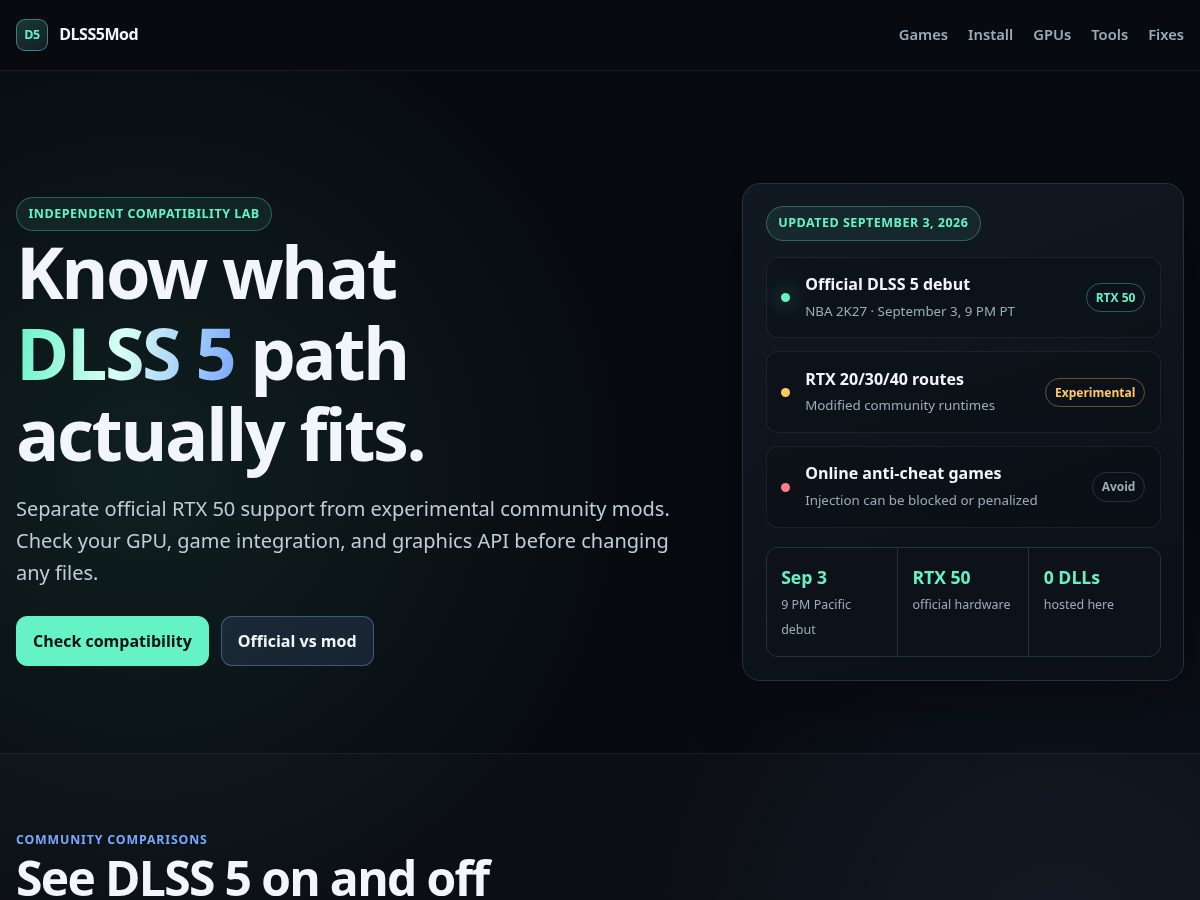 Landing-page snapshot of dlss5mod.com