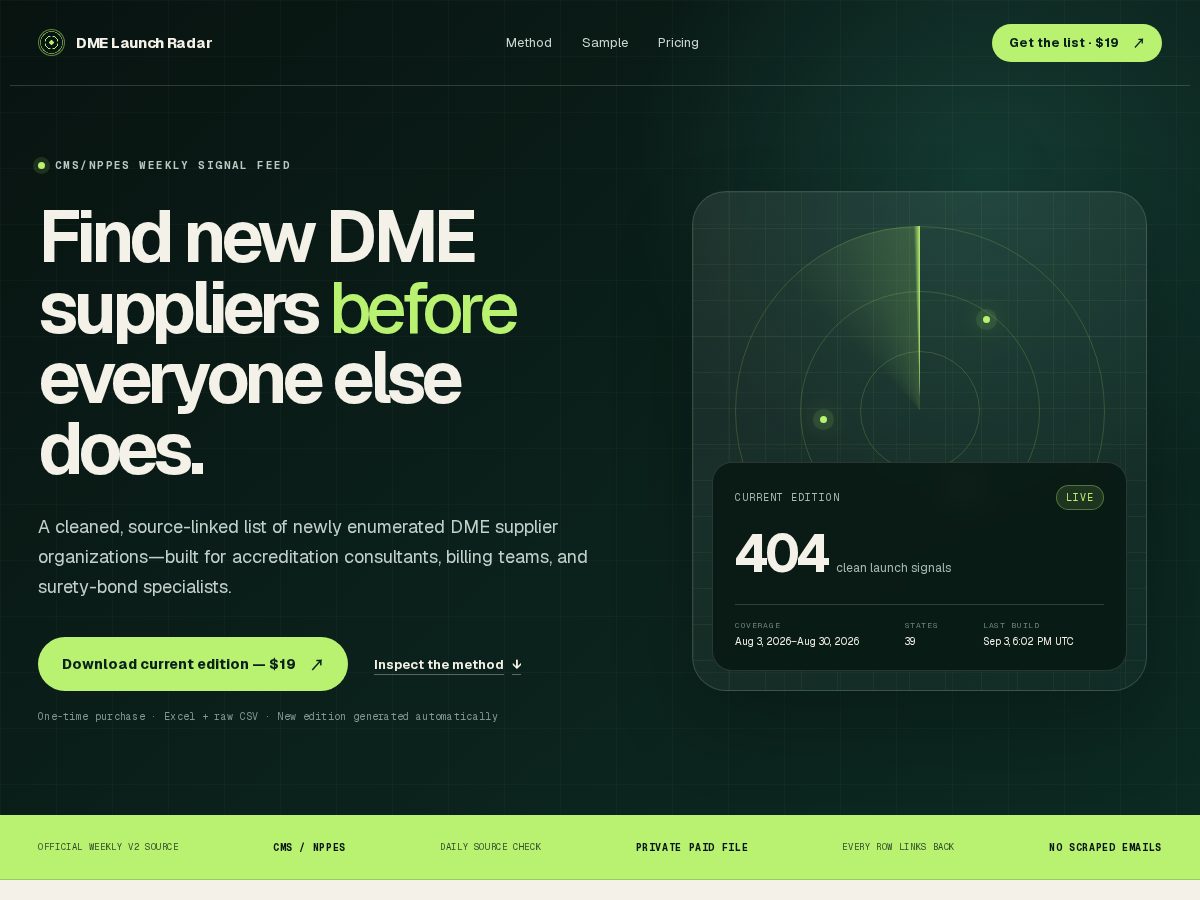 Landing-page snapshot of dmelaunchradar.com