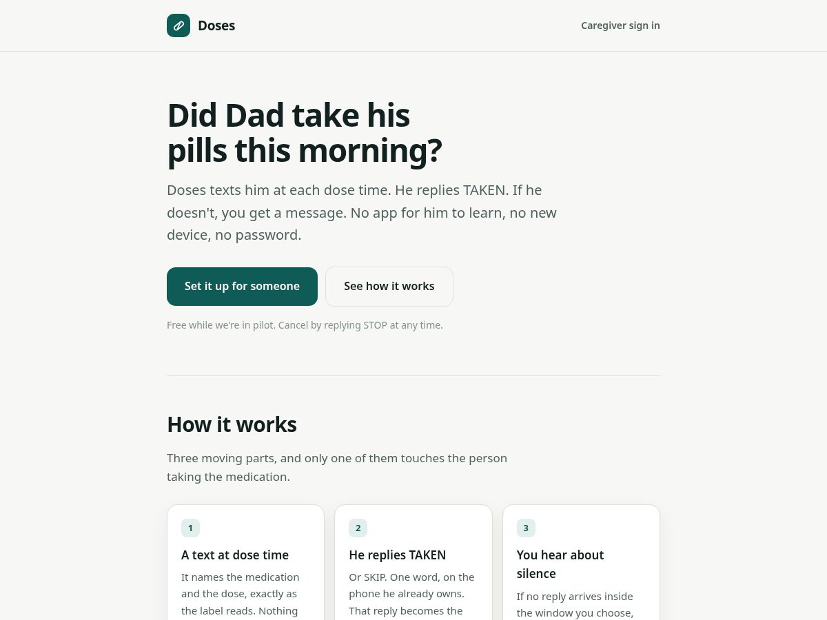 Landing-page snapshot of doses.care