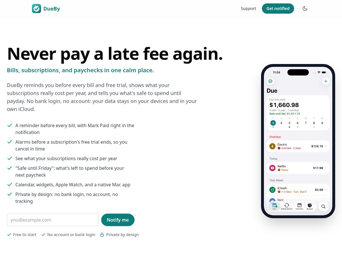 Landing-page snapshot of dueby.app